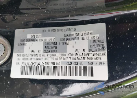 2017 Mazda Mx-5 Miata Club z USA, uszkodzony, nr VIN JM1NDAC73H0124073